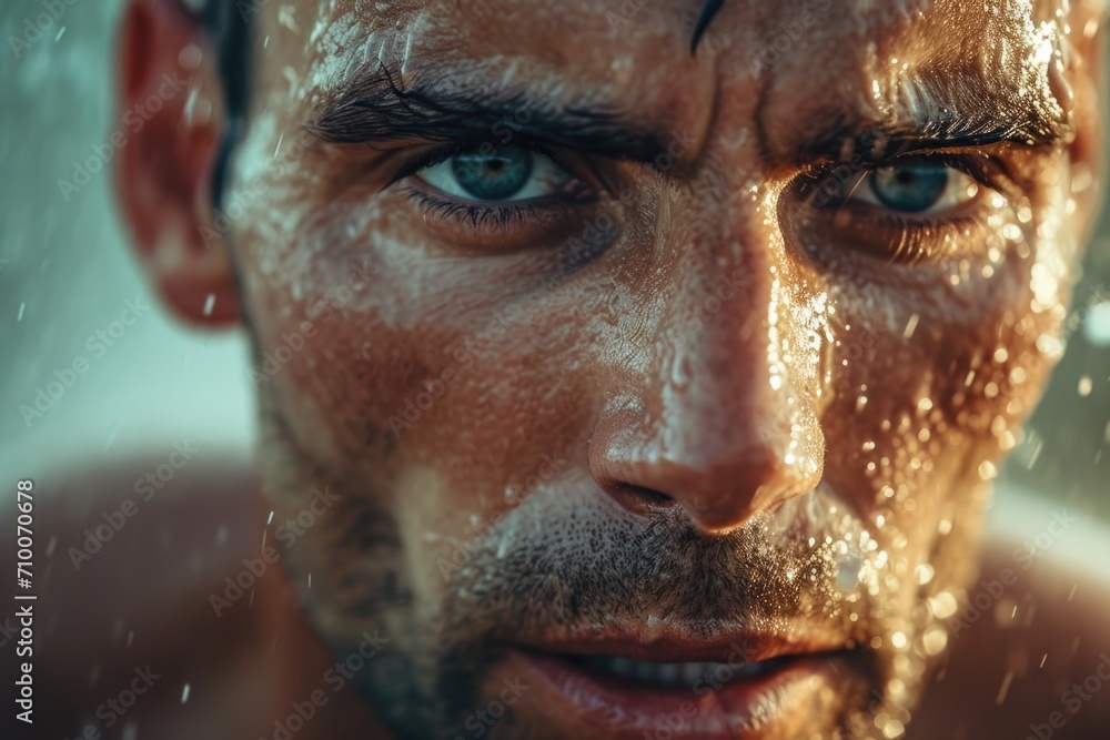 Close-up of a Focused Male Athlete with Intense Eyes and Sweat on Face Close-up of a Focused Male Athlete with Intense Eyes and Sweat on Face