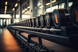 Row of dumbbells on rack in gym