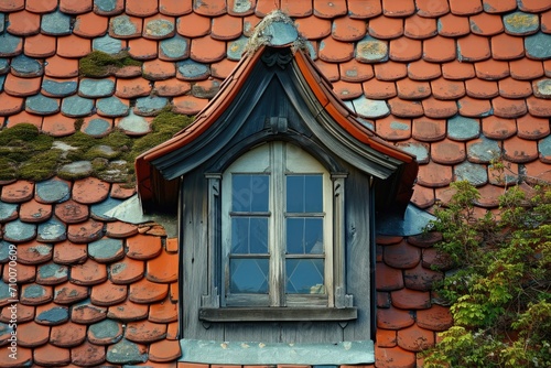 Attic Window on a Weathered Tiled Roof with Moss