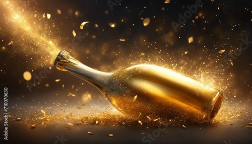 champagne in the night A glamorous celebration with a golden champagne bottle and confetti. The champagne bottle is sparkling