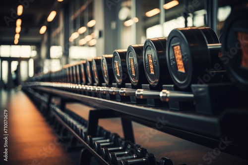 Row of dumbbells on rack in gym photo