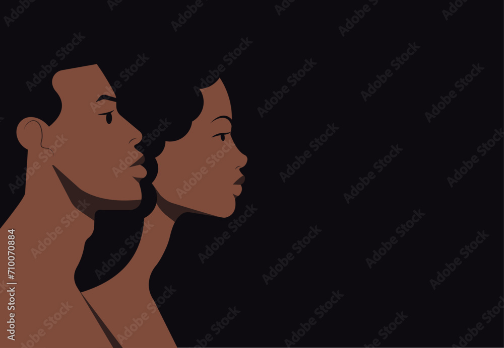 Profile portraits of a black woman and black man standing side by side. African American people head and shoulders side view portraits. Horizontal banner with dark background.