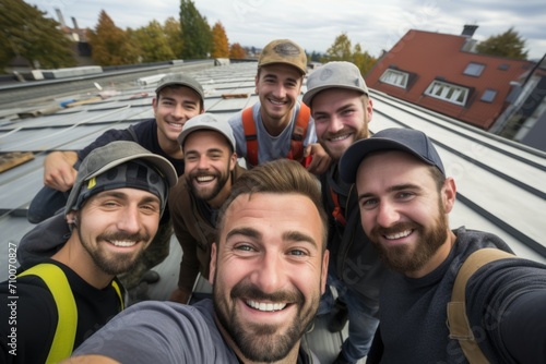 Young male workers taking a selfie on the roof © Baba Images