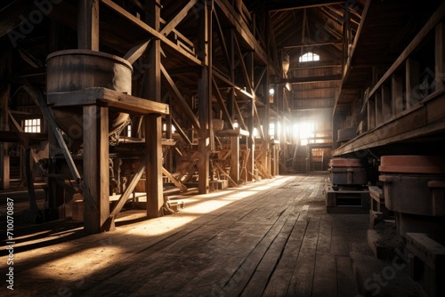 Interior of empty wood mill © Baba Images
