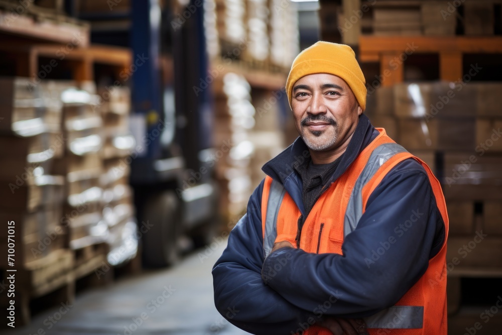 Smiling male warehouse worker in high visibility vest Smiling male warehouse worker in high visibility vest