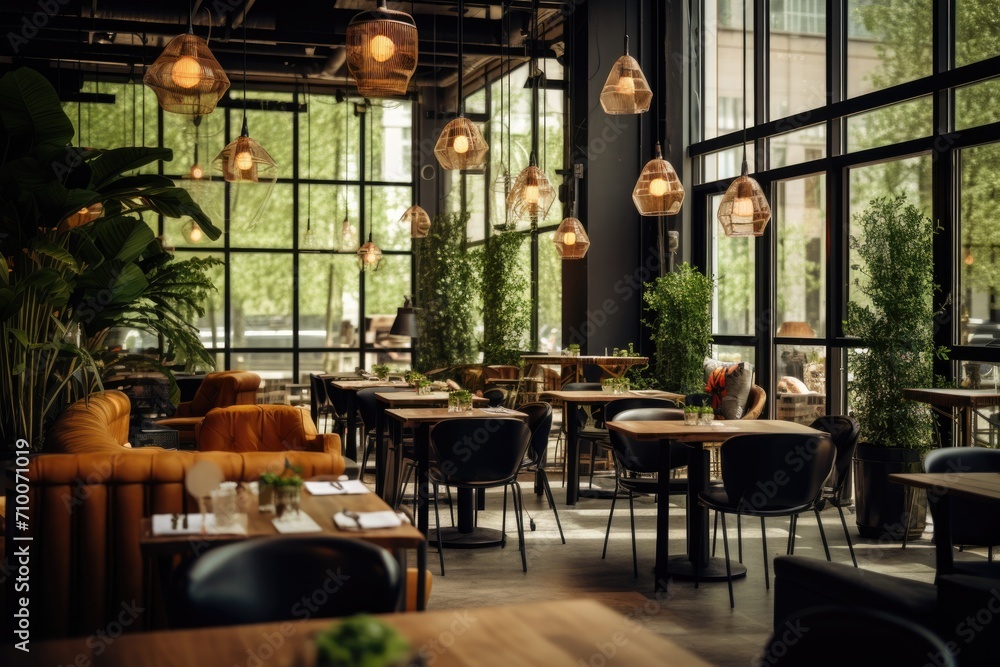 Fototapeta premium Stylish cafe interior with green plants and natural light