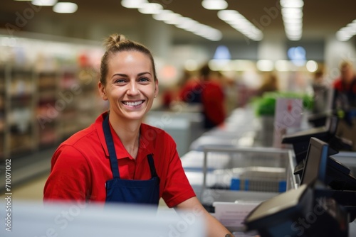 Portrait of a young cashier working in grocery store photo