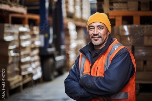 Smiling male warehouse worker in high visibility vest