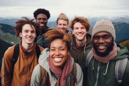 Group of happy hikers taking a selfie in the mountains