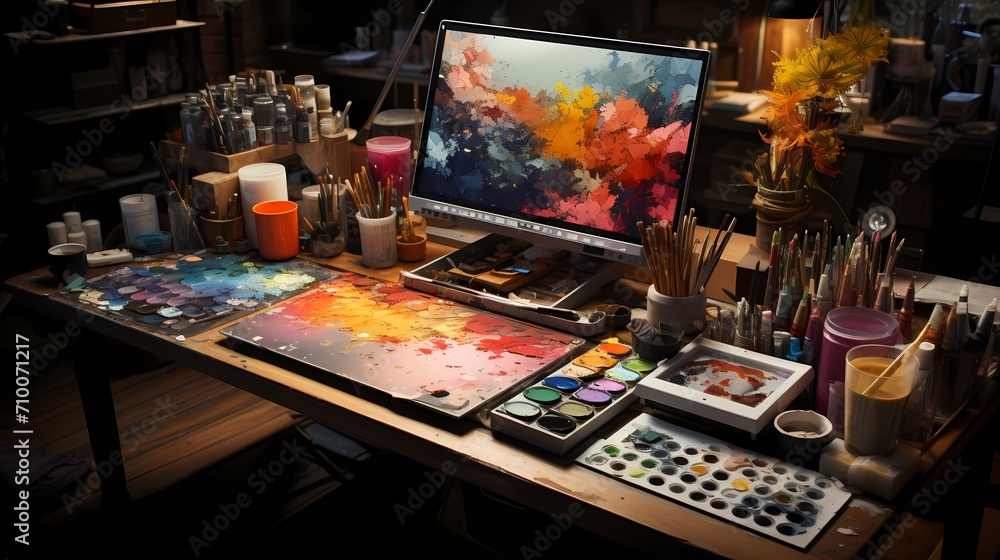 An artist's workstation with a graphics tablet, a stylus, a color palette, and a sketchbook, all neatly arranged on a wooden desk