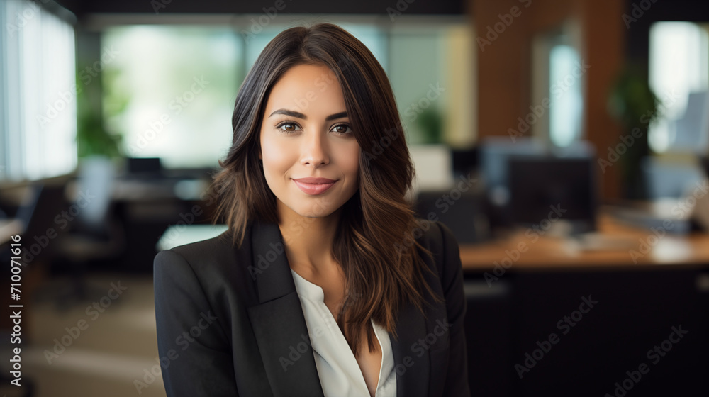 Beautiful Young Hispanic Woman Successful Wearing Suite in Business Office Beautiful Young Hispanic Woman Successful Wearing Suite in Business Office