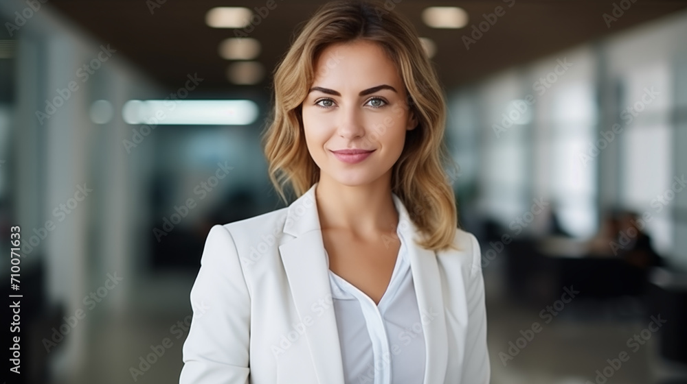 Successful Young Beautiful White Business Woman with Blonde Hair in Office