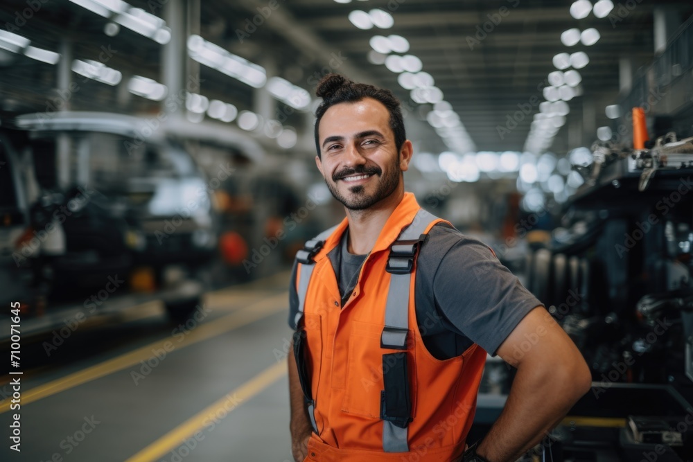 Portrait of a smiling young man working in automotive factory Portrait of a smiling young man working in automotive factory