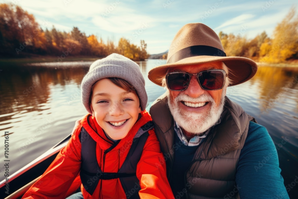 Smiling grandfather and grandson taking selfie on boat in river Smiling grandfather and grandson taking selfie on boat in river
