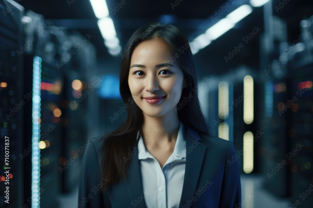 Portrait of a professional woman in server room data center Portrait of a professional woman in server room data center