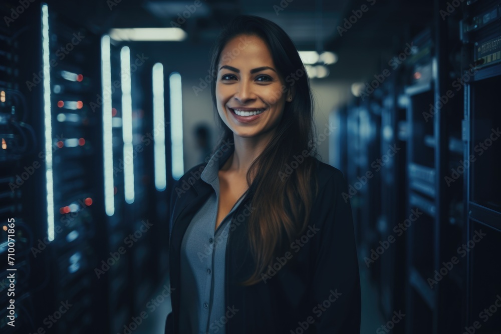 Portrait of a professional woman in server room data center Portrait of a professional woman in server room data center