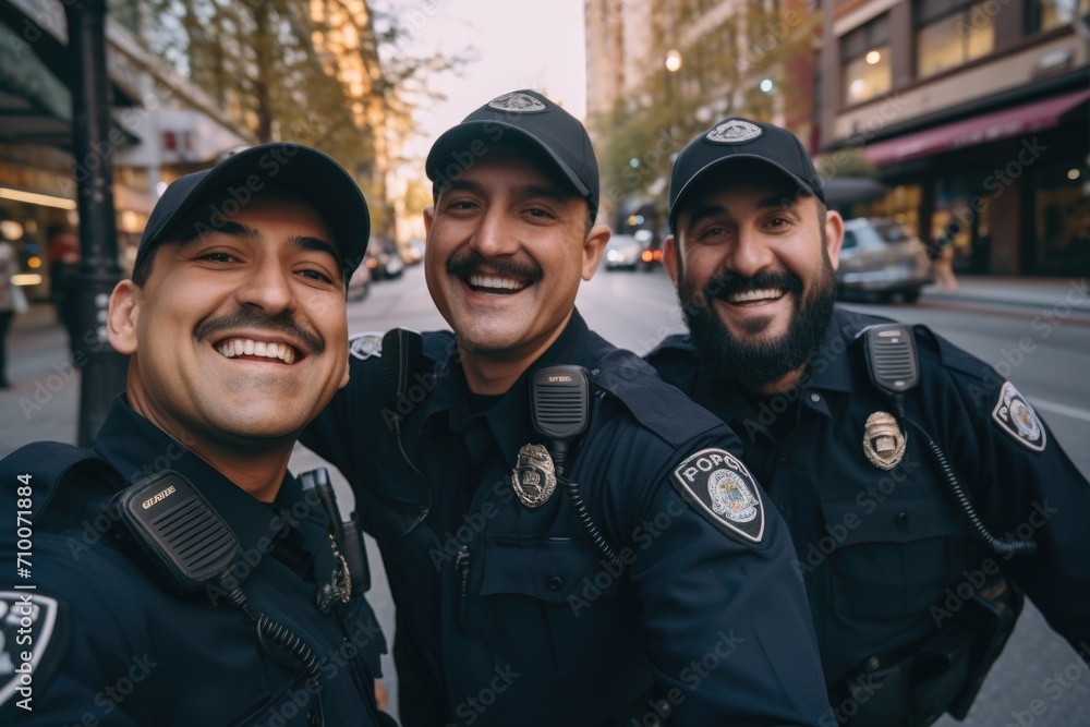Fototapeta premium Smiling police officers taking a selfie in the city