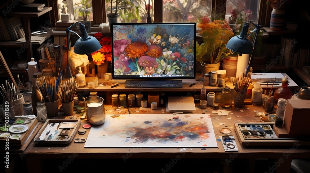 An artist's workstation with a graphics tablet, a stylus, a color palette, and a sketchbook, all neatly arranged on a wooden desk