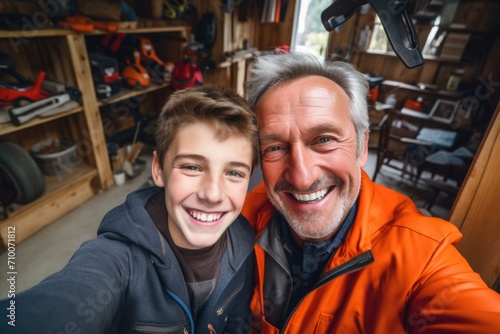 Smiling grandfather and grandson in carpentry workshop
