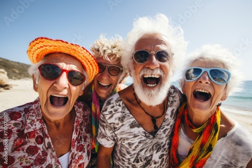 Smiling portrait of senior people at the beach