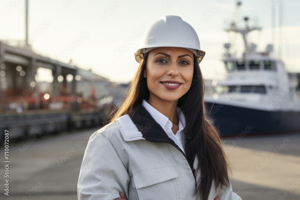 Confident Female Engineer with Hard Hat at Industrial Port Confident Female Engineer with Hard Hat at Industrial Port