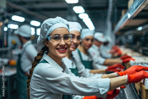 Smiling young workers packaging products at factory