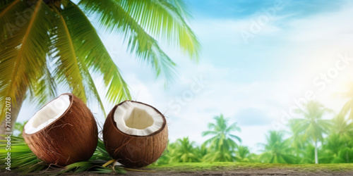 Split coconuts on ground with palm trees and sunny sky in background.