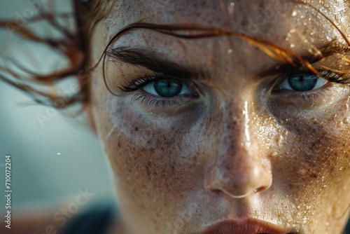 Close-up of a Focused Female Athlete with Intense Eyes and Sweat on Face © NikoG
