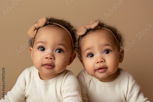 Cute African American identical twin toddlers against a pastel brown background photo