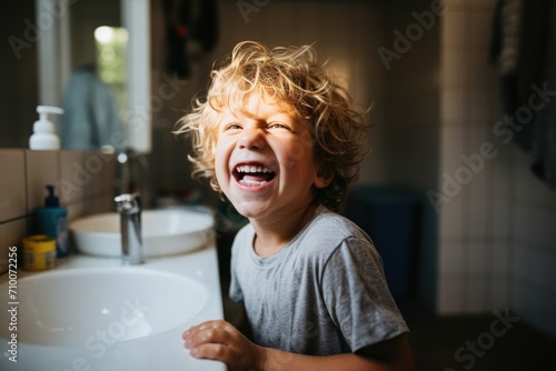 Happy little boy brushing teeth in the bathroom