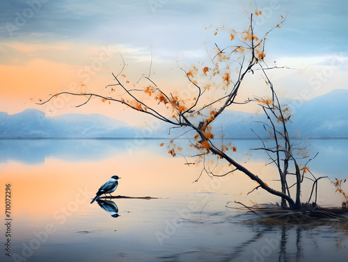 Amidst the serene waters of the lake, a bird stands proudly on a tree branch, its reflection shimmering in the golden hues of the sunset, while the clouds paint the sky with their ethereal brushstrok photo