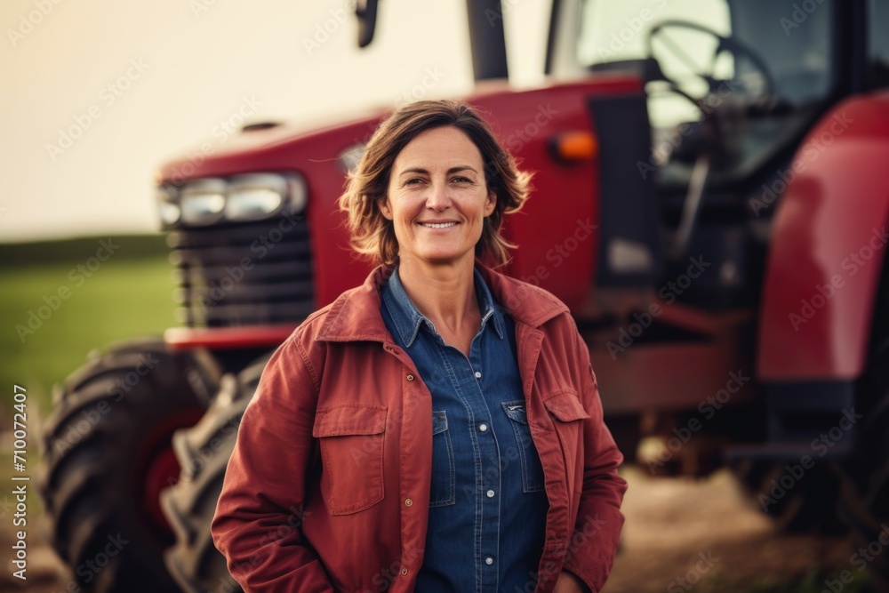 Smiling middle aged female farmer standing next to tractor on farm Smiling middle aged female farmer standing next to tractor on farm