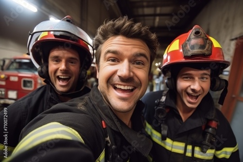 Smiling firefighters taking a selfie at the fire station