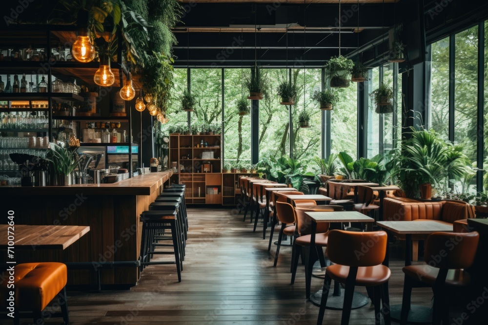 Fototapeta premium Stylish cafe interior with green plants and natural light