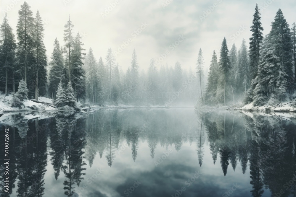 Obraz premium Winter wonderland with snowy forest and mountain reflection in calm lake