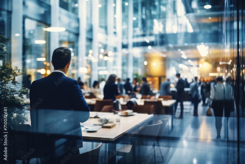 Busy corporate office environment with professionals walking and working Busy corporate office environment with professionals walking and working