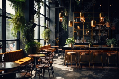 Stylish cafe interior with green plants and natural light © NikoG