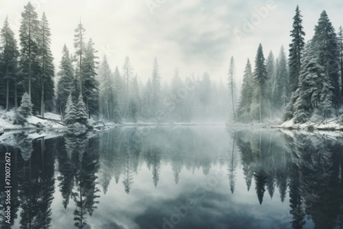 Winter wonderland with snowy forest and mountain reflection in calm lake © NikoG