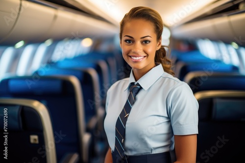 Smiling female flight attendant in airplane cabin photo