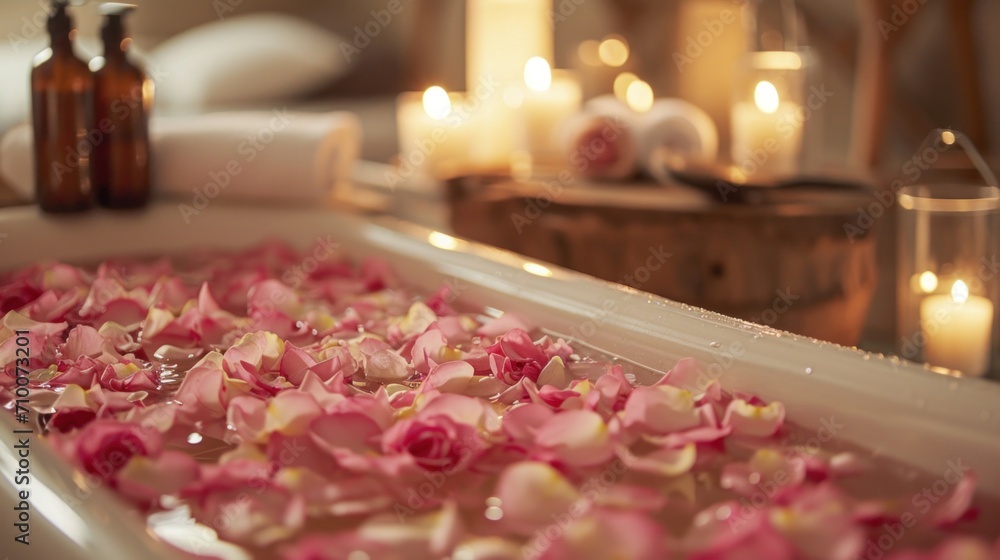 Rose-petal-filled Tub, Candles, and Aromatic Essential Oils