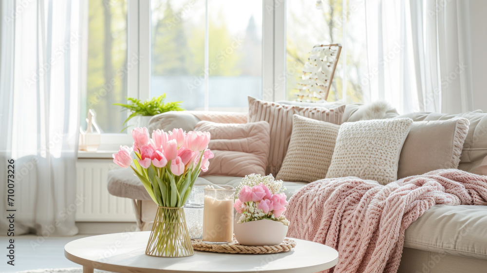 A beautifully decorated living room, adorned with pastel-colored cushions, throws A beautifully decorated living room, adorned with pastel-colored cushions, throws