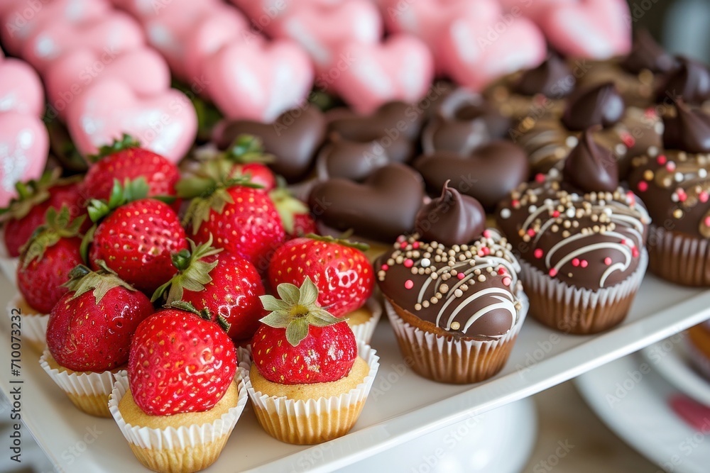 Decadent chocolates, strawberries, and heart-shaped desserts