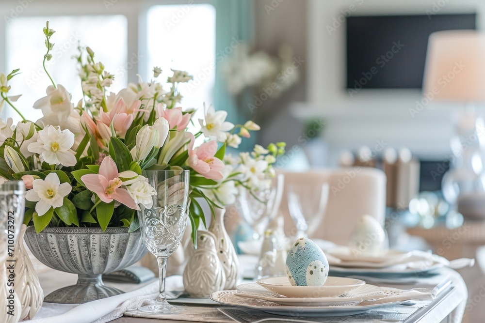 Floral Centerpiece and Egg Ornaments on Dining Table