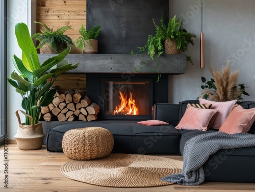 one dark colored sofa in front of a wooden fireplace, with plants and pillows...