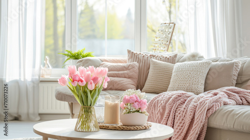 A beautifully decorated living room, adorned with pastel-colored cushions, th...