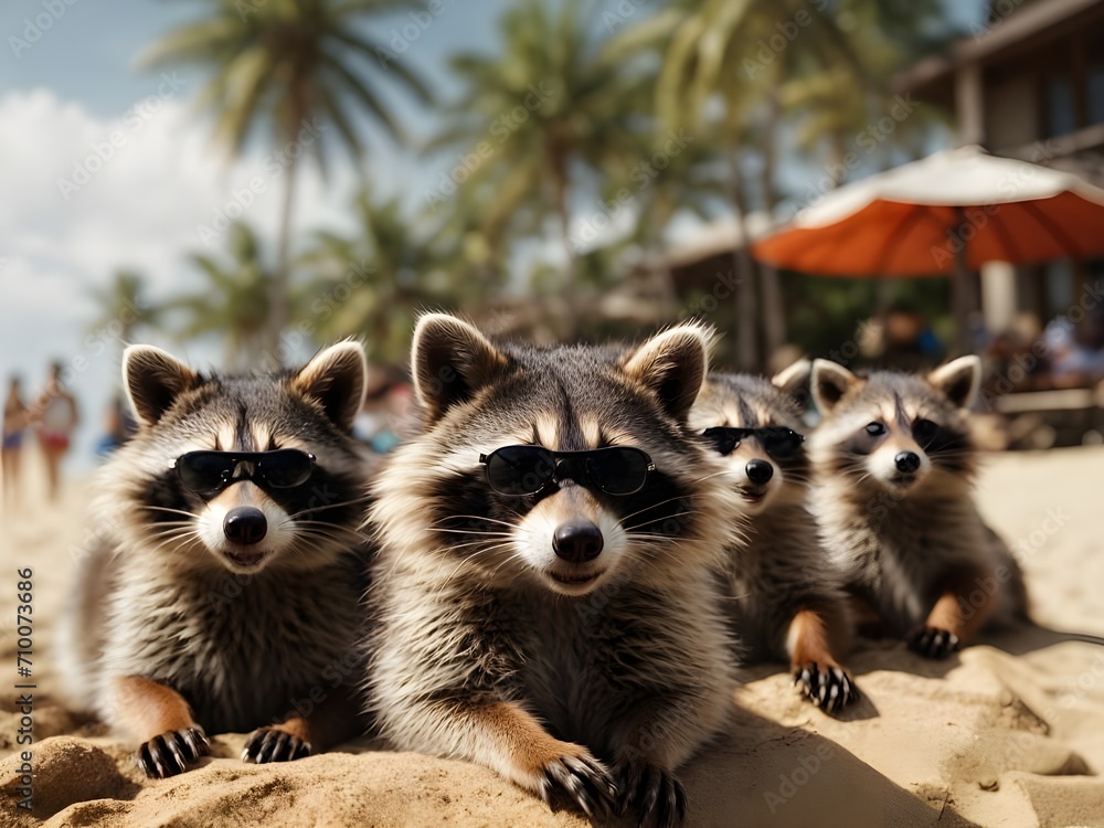 Obraz premium Waschbärfamilie im Urlaub am Strand