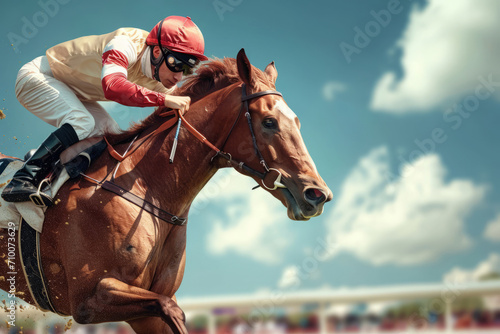 Rider is riding thoroughbred racehorse. Jockey at racetrack competition. Man riding horse. Horseback riding photo