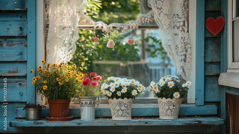 Heart garlands, lace curtains, and blooming potted flowers