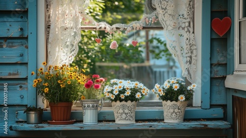 Heart garlands  lace curtains  and blooming potted flowers