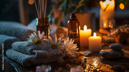 burning candles on the table, relaxing of massage, ai 
